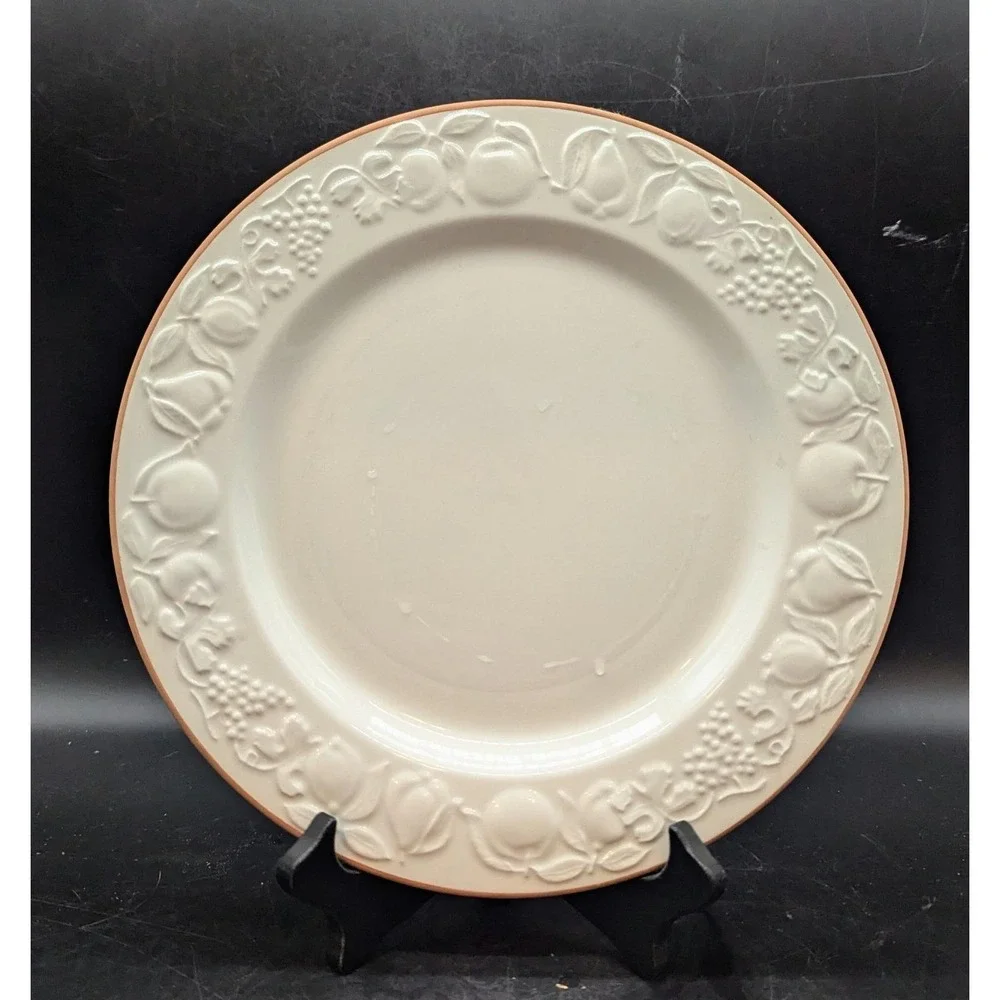 Set/4 Pier 1 Italian Pottery White Embossed Fruit Terra Cotta Edge Dinner Plate